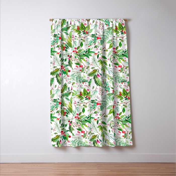 Holiday Christmas Winter Nature Botanical Leaves Green Window Curtain Gallery Image 3