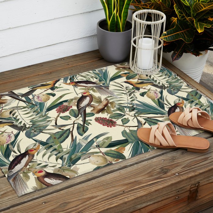 Floral and Birds Vintage Garden Outdoor Rug Gallery Image 2