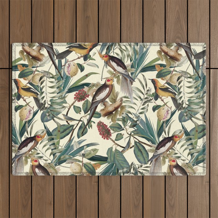 Floral and Birds Vintage Garden Outdoor Rug Gallery Image 1