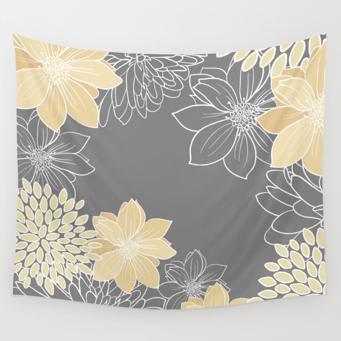 Yellow and Grey Floral Wall Tapestry Gallery Image 1