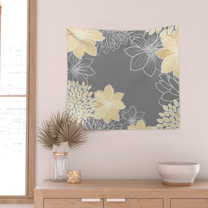 Yellow and Grey Floral Wall Tapestry Gallery Image 2