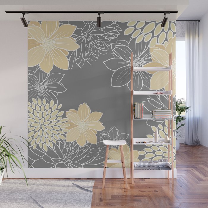 Yellow and Grey Floral Wall Mural Gallery Image 1