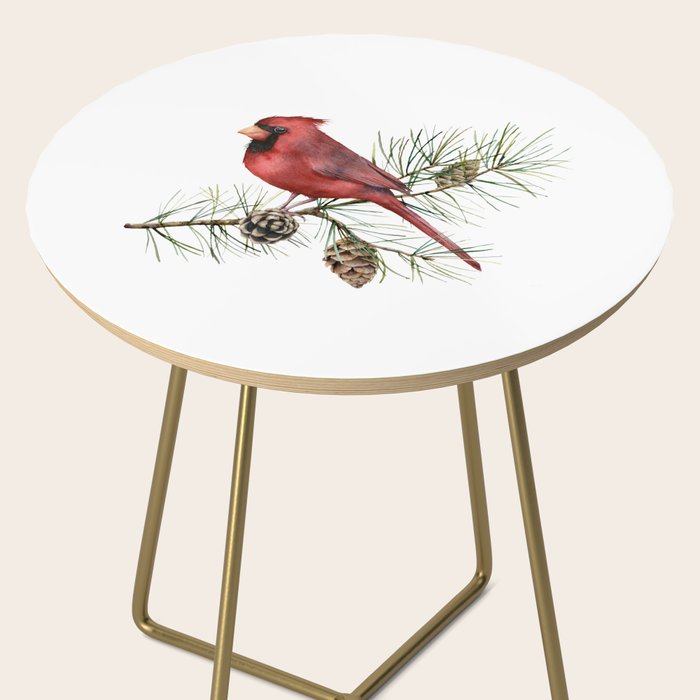 Christmas Red Cardinal Bird and Pine Watercolor Side Table Gallery Image 2