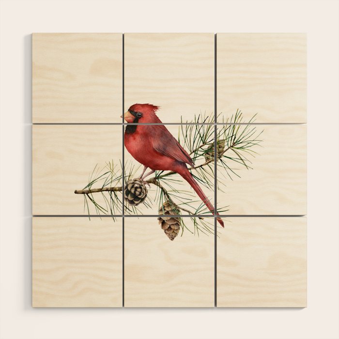 Christmas Red Cardinal Bird and Pine Watercolor Wood Wall Art Gallery Image 1