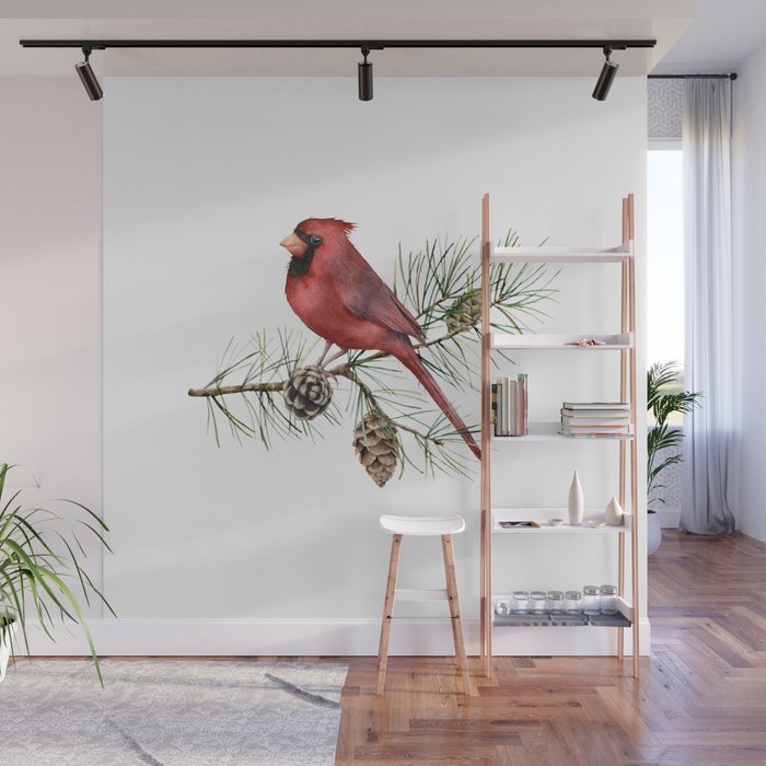 Christmas Red Cardinal Bird and Pine Watercolor Wall Mural Gallery Image 1