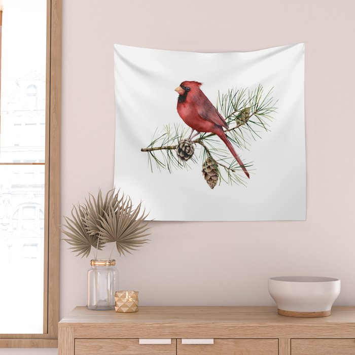 Christmas Red Cardinal Bird and Pine Watercolor Wall Tapestry Gallery Image 2