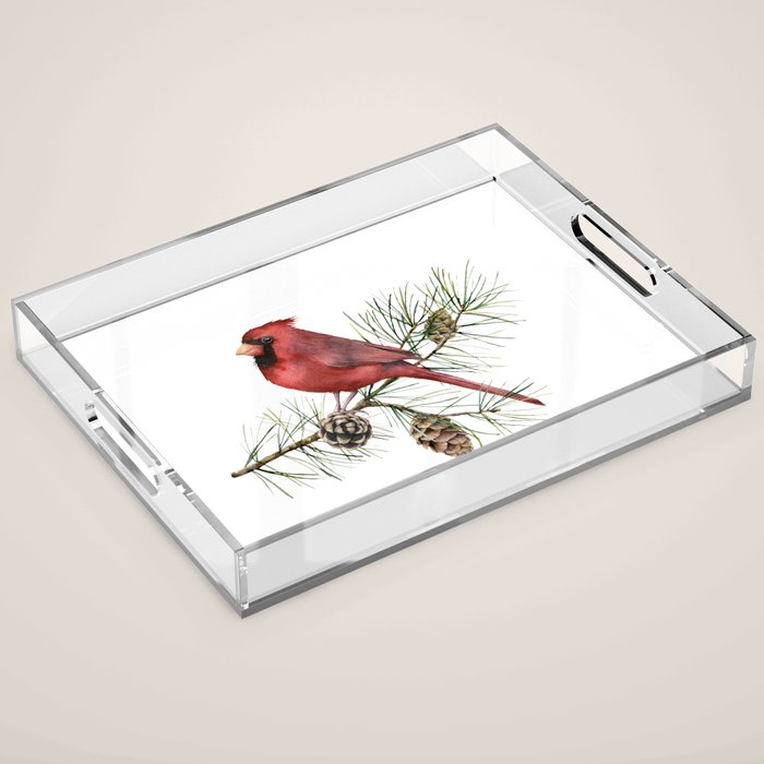 Christmas Red Cardinal Bird and Pine Watercolor Acrylic Tray Gallery Image 1