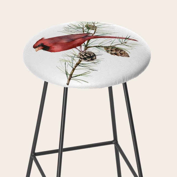 Christmas Red Cardinal Bird and Pine Watercolor Stool Gallery Image 2