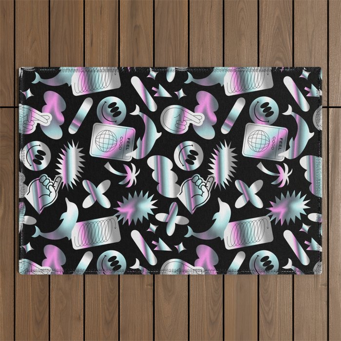 Trendy holographic y2k sticker pattern Outdoor Rug Gallery Image 1