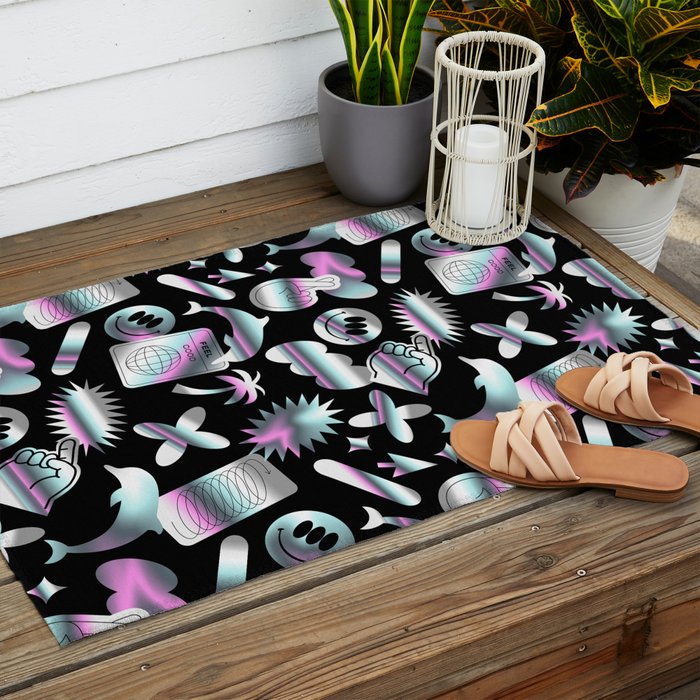 Trendy holographic y2k sticker pattern Outdoor Rug Gallery Image 2
