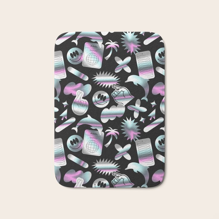 Trendy holographic y2k sticker pattern Bath Mat Gallery Image 1