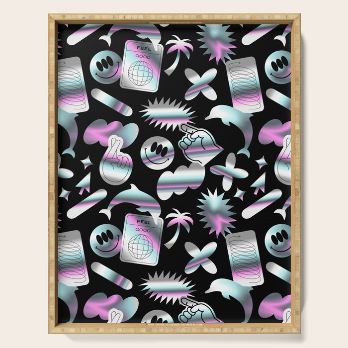 Trendy holographic y2k sticker pattern Serving Tray Gallery Image 1