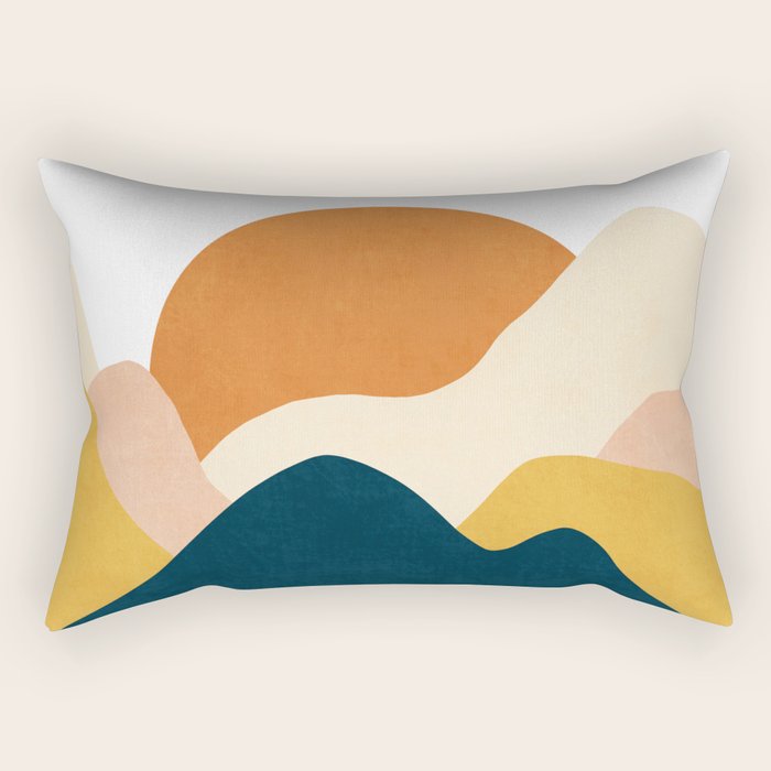 Boho sun mountain landscape in orange, yellow, blue Rectangular Pillow Gallery Image 1