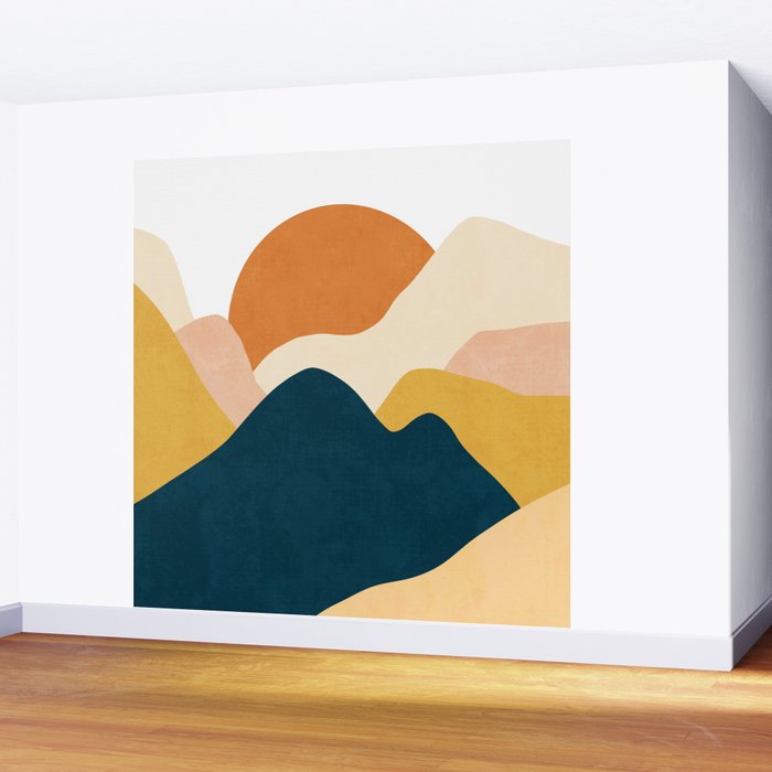 Boho sun mountain landscape in orange, yellow, blue Wall Mural Gallery Image 2