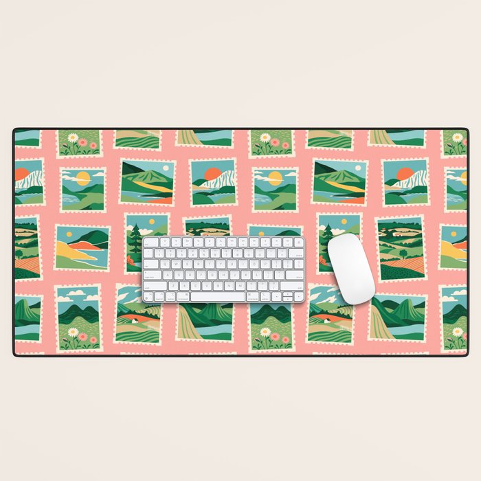 Vintage nature landscape postage stamp sticker pattern Desk Mat Gallery Image 1