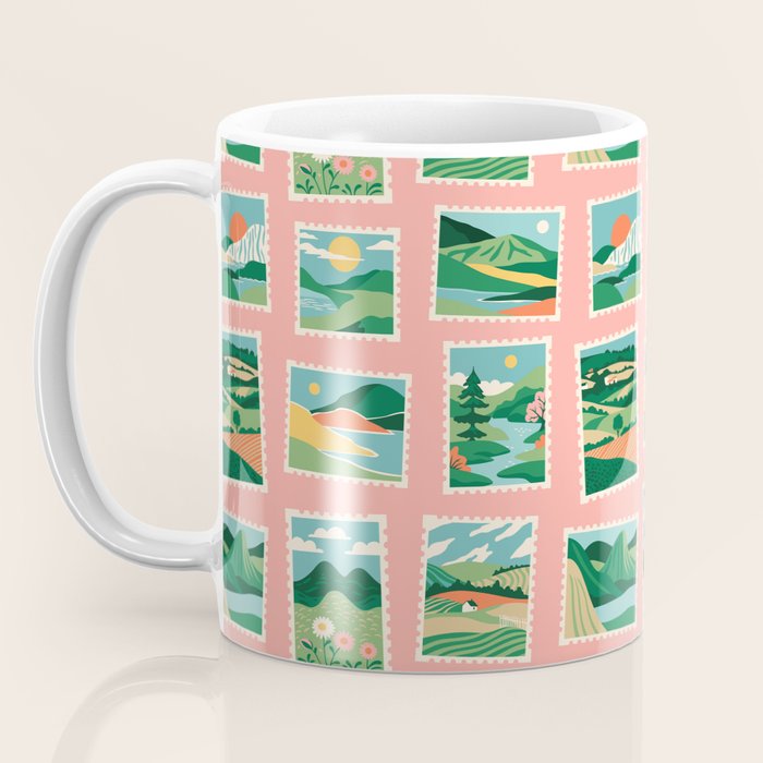 Vintage nature landscape postage stamp sticker pattern Coffee Mug Gallery Image 3