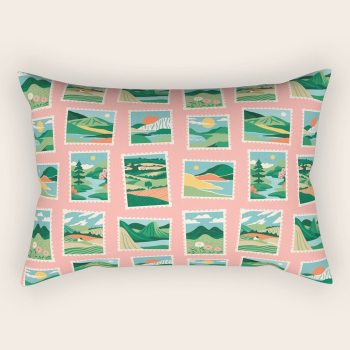 Vintage nature landscape postage stamp sticker pattern Rectangular Pillow Gallery Image 1