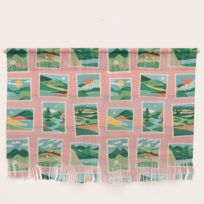 Vintage nature landscape postage stamp sticker pattern Wall Hanging Gallery Image 1