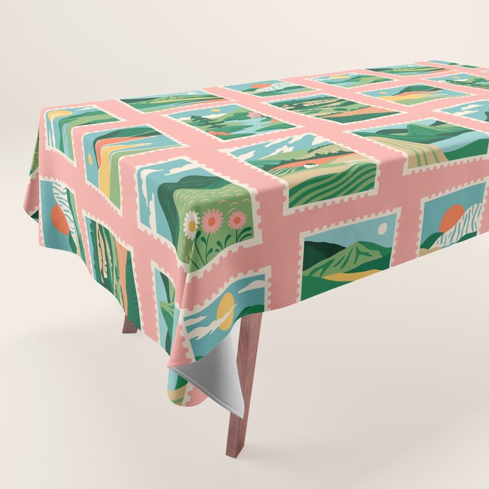 Vintage nature landscape postage stamp sticker pattern Tablecloth Gallery Image 1