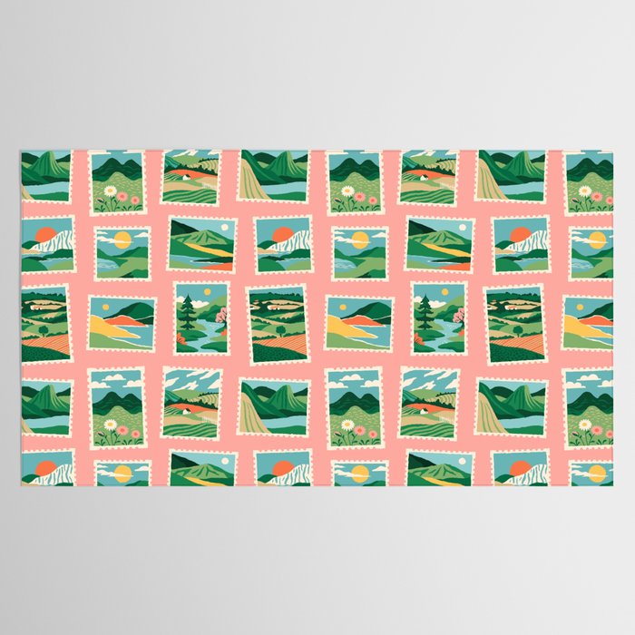 Vintage nature landscape postage stamp sticker pattern Tablecloth Gallery Image 2