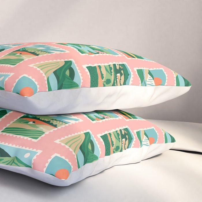 Vintage nature landscape postage stamp sticker pattern Pillow Sham Gallery Image 3