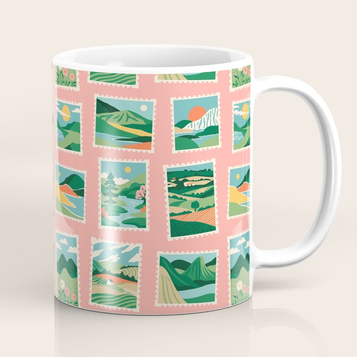 Vintage nature landscape postage stamp sticker pattern Coffee Mug Gallery Image 1