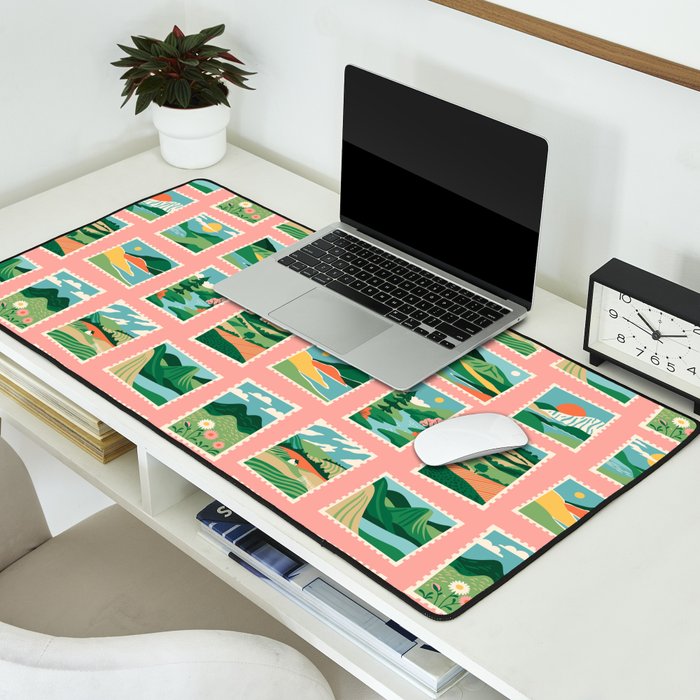 Vintage nature landscape postage stamp sticker pattern Desk Mat Gallery Image 2