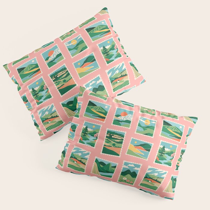 Vintage nature landscape postage stamp sticker pattern Pillow Sham Gallery Image 1