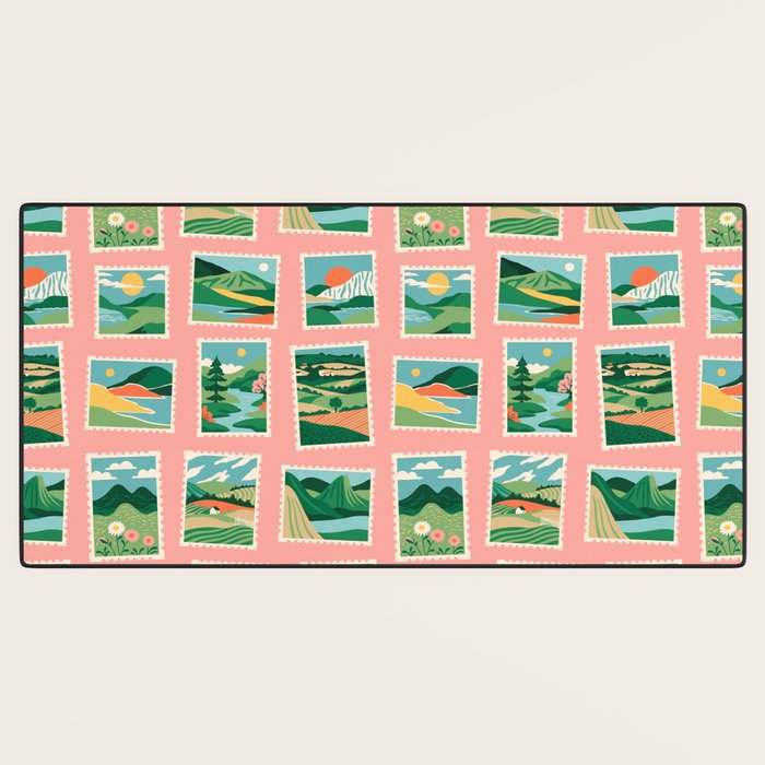 Vintage nature landscape postage stamp sticker pattern Desk Mat Gallery Image 3