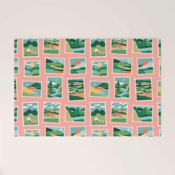 Vintage nature landscape postage stamp sticker pattern Welcome Mat Gallery Image 1