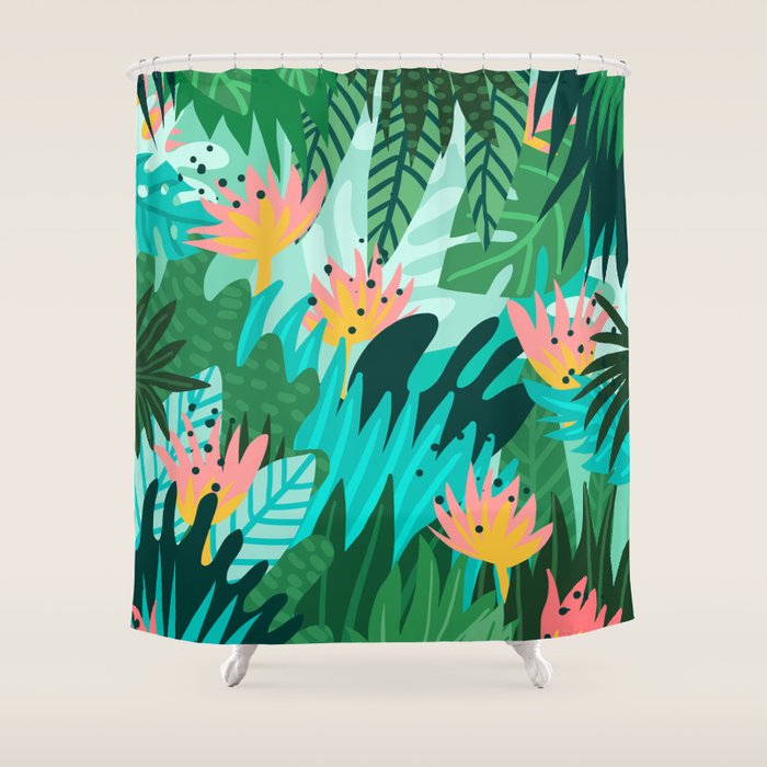 Let's Dance In The Sun, Wearing Wildflowers In Our Hair, Tropical Jungle Nature Botanical Painting Shower Curtain Gallery Image 1