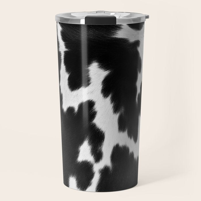 Black and White Rustic Cow Print Travel Mug Gallery Image 1