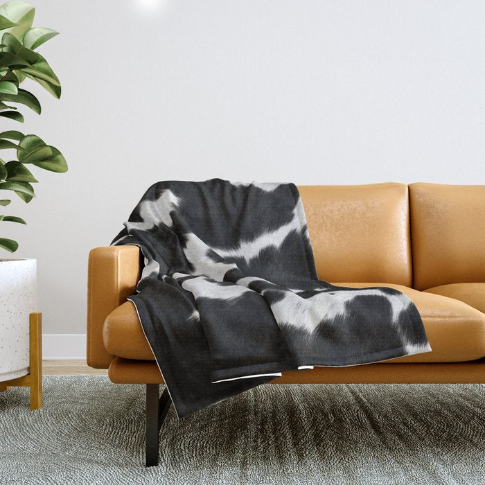 Black and White Rustic Cow Print Throw Blanket Gallery Image 1