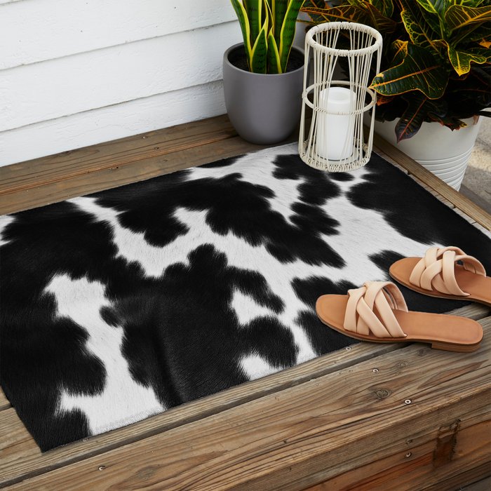 Black and White Rustic Cow Print Outdoor Rug Gallery Image 2