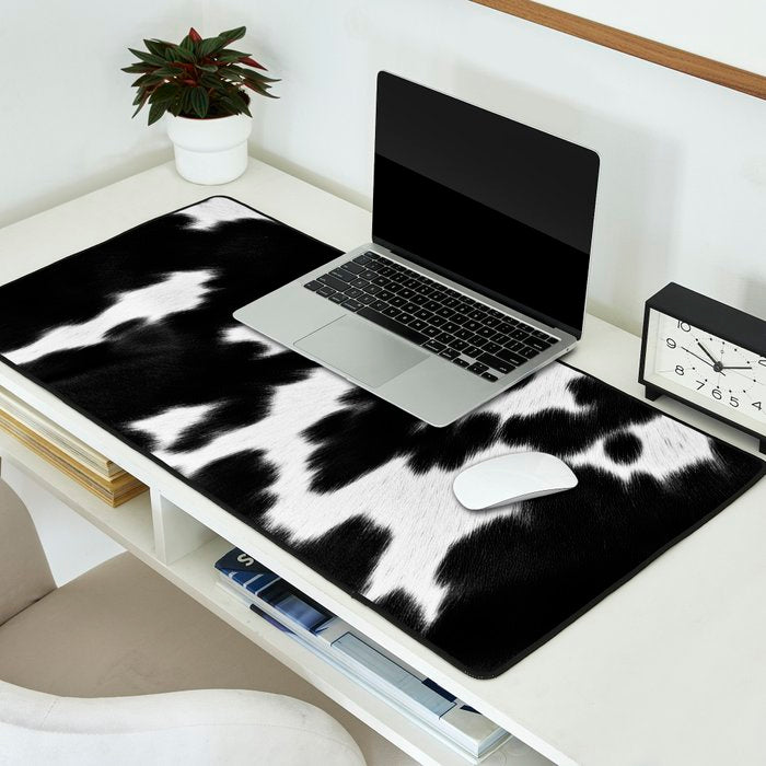Black and White Rustic Cow Print Desk Mat Gallery Image 2