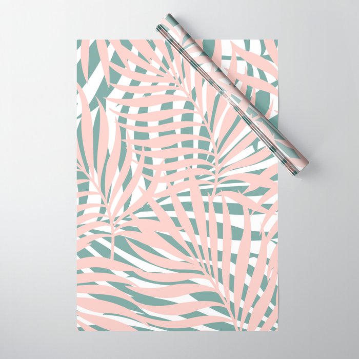 Summer, Tropical Green and Pink, Palm Leaves Pattern Wrapping Paper Gallery Image 1