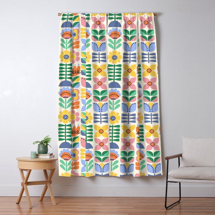 Retro Folk and Floral Colorful Pastel Flower Grid Cream Window Curtain Gallery Image 1