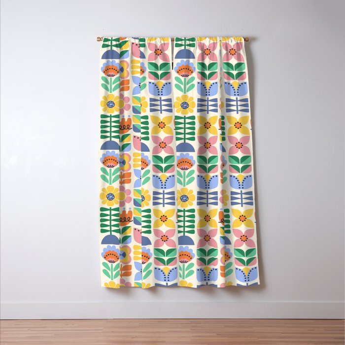 Retro Folk and Floral Colorful Pastel Flower Grid Cream Window Curtain Gallery Image 3