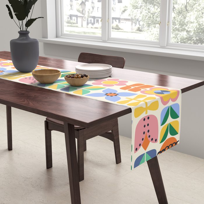 Retro Folk and Floral Colorful Pastel Flower Grid Cream Table Runner Gallery Image 2