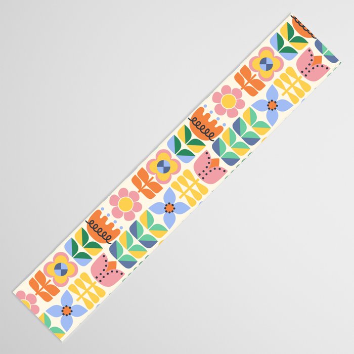 Retro Folk and Floral Colorful Pastel Flower Grid Cream Table Runner Gallery Image 3