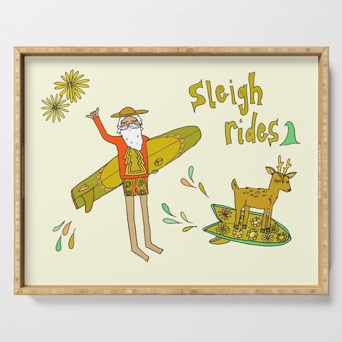 sleigh rides // surfing santa // retro surf art by surfy birdy Serving Tray Gallery Image 1