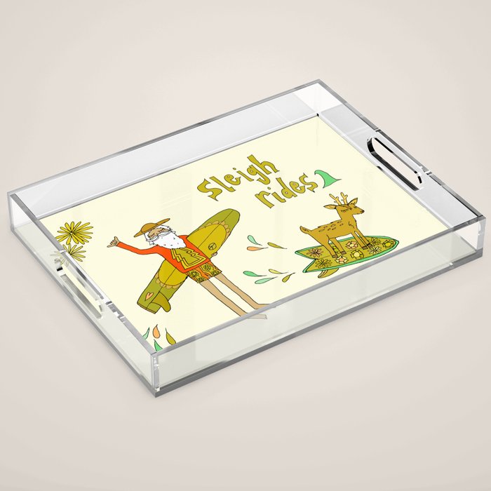 sleigh rides // surfing santa // retro surf art by surfy birdy Acrylic Tray Gallery Image 1