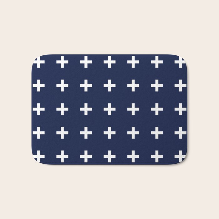 Navy Blue Swiss Cross Minimalist Line Drawing Bath Mat Gallery Image 1