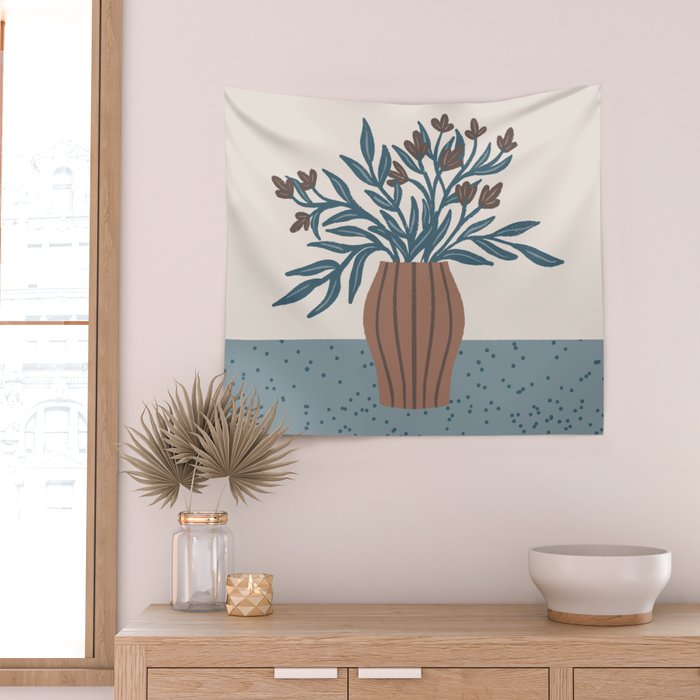 Brown Flowers in a Vase - Minimalist Floral Still Life Wall Tapestry Gallery Image 2