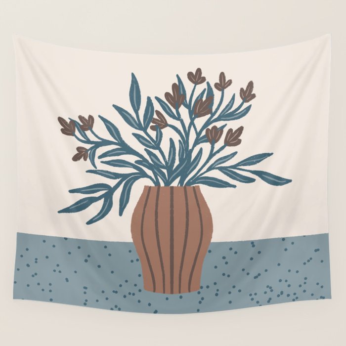 Brown Flowers in a Vase - Minimalist Floral Still Life Wall Tapestry Gallery Image 4
