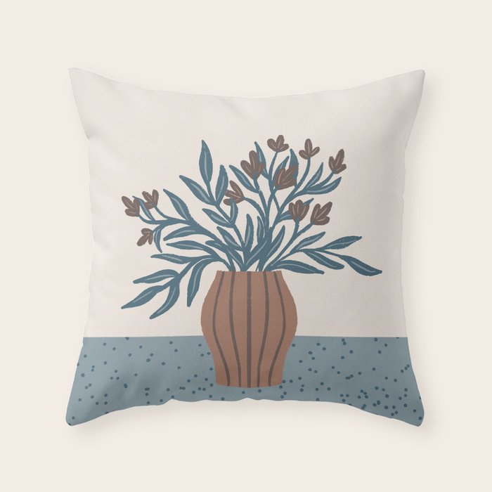 Brown Flowers in a Vase - Minimalist Floral Still Life Throw Pillow Gallery Image 6