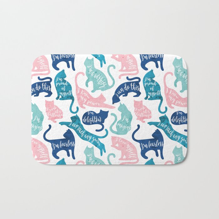 Be like a cat // white background pastel pink blue aqua and teal cat silhouettes with affirmations Bath Mat