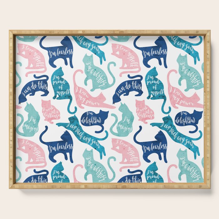 Be like a cat // white background pastel pink blue aqua and teal cat silhouettes with affirmations Serving Tray Gallery Image 1