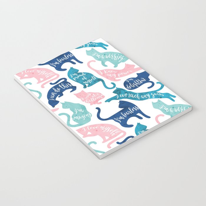 Be like a cat // white background pastel pink blue aqua and teal cat silhouettes with affirmations Notebook Gallery Image 3