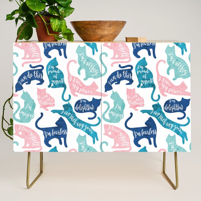 Be like a cat // white background pastel pink blue aqua and teal cat silhouettes with affirmations Credenza Gallery Image 1